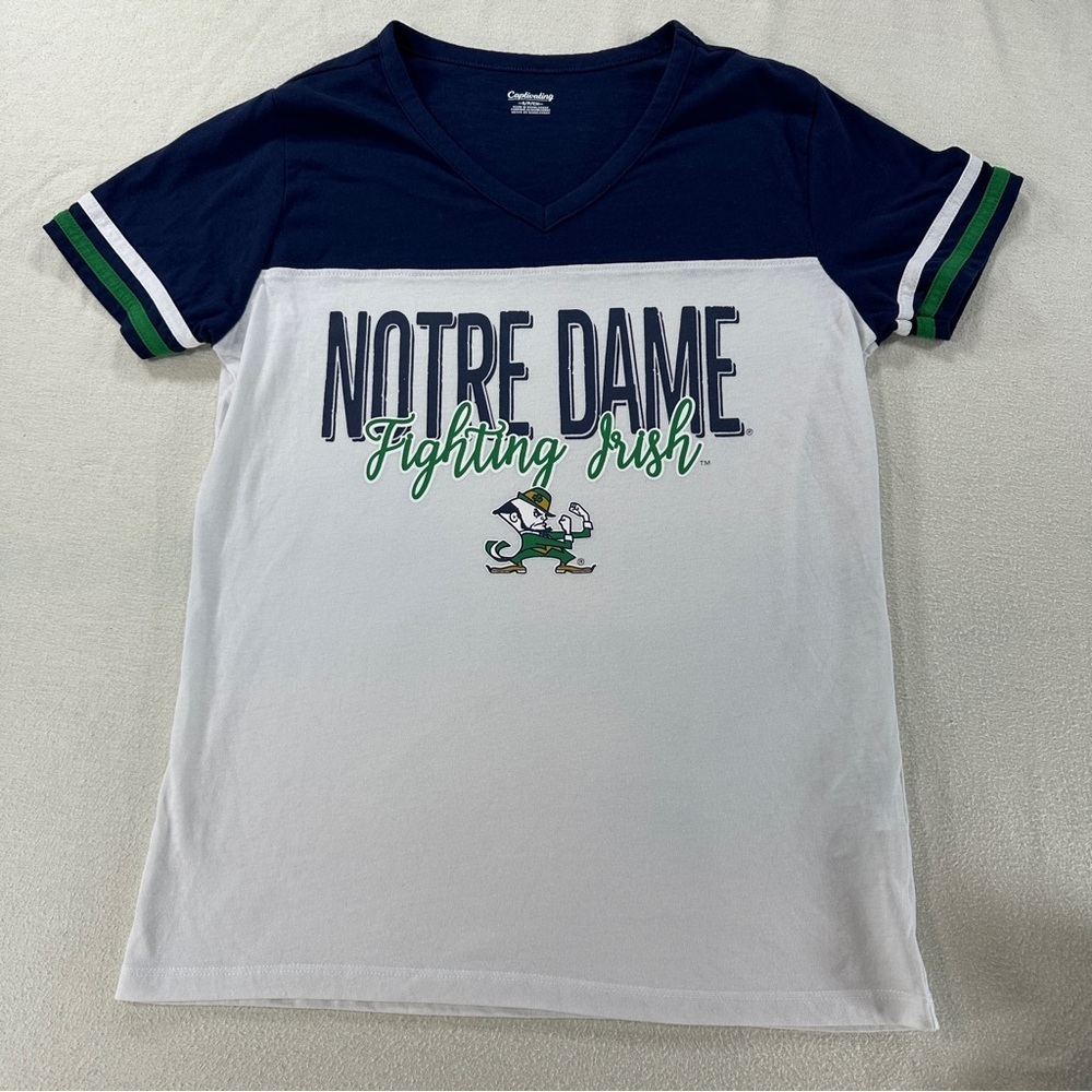 Captivating Notre Dame Women’s Fighting Irish V-Neck Tee in Navy and White Sz S